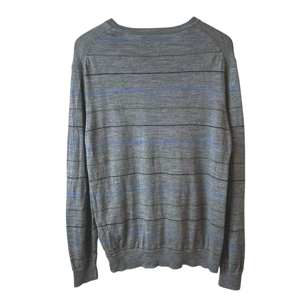 Banana Republic Mens 100% Merino Wool Striped Sweater Gray L Office Academia